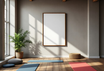 A serene yoga studio features a large window, gray walls, a wooden floor, and a minimalist design with a white frame, blue mat, and red mat. A4 frame mockup