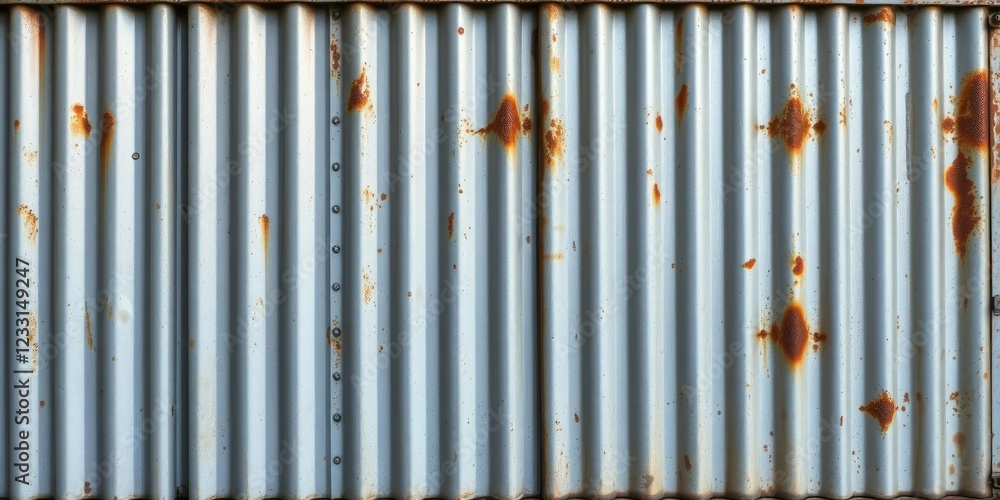 Poster horizontal oriented galvanized corrugated tin iron with scattered rust spots and a worn metallic app