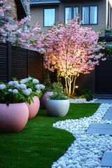 Obraz premium Beautiful garden with pink flowering trees and modern planters showcasing vibrant landscaping at dusk in a residential backyard