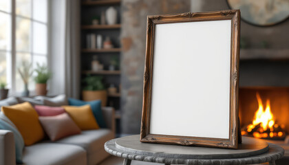 A wooden picture frame with a white blank canvas sits on a round table in a cozy living room, with a fireplace and bookshelf in the background. A4 frame mockup