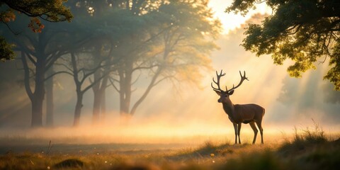 A solitary deer stands alone under the misty forest canopy at dawn, morning, mist,  morning, mist, natural light