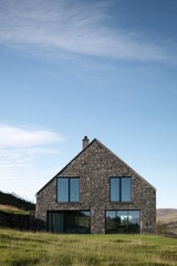 A contemporary stone house is nestled amidst lush rolling hills under a bright blue sky, creating a picturesque rural landscape bathed in daylight