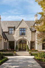An elegant stone mansion surrounded by beautifully manicured gardens stands out during a sunny day in a peaceful residential area