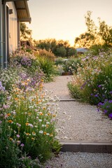 Colorful wildflowers line a serene pathway in a peaceful garden during sunset, creating a tranquil atmosphere for relaxation and reflection