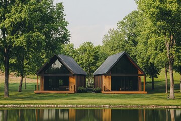 Obraz premium Amidst a tranquil afternoon, the contemporary wooden cabins gracefully mirror themselves in the still waters of the lake, encircled by vibrant green trees
