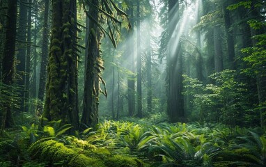 Obraz premium A dense forest in the Pacific Northwest with towering trees and lush greenery