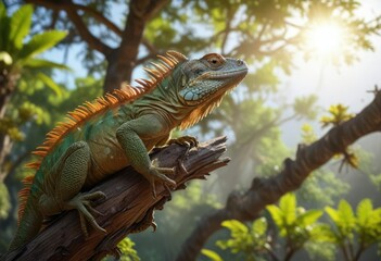 Fototapeta premium Iguana basks in the warm sunlight on a tree branch high up , sunbathing, glowing, iguana