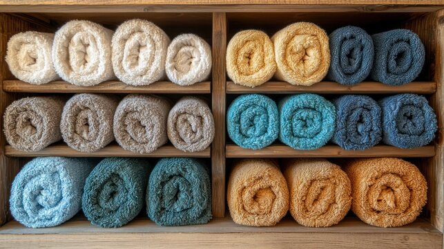 Rolled towels on wooden shelves in spa storage