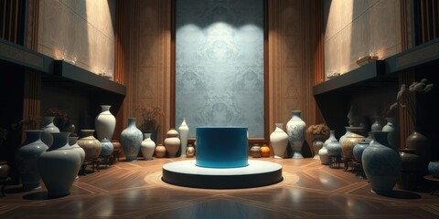 In the center of a room a large blue pedestal stands out amidst a collection of beautiful vases and decorative objects, blue pedestal, decorative
