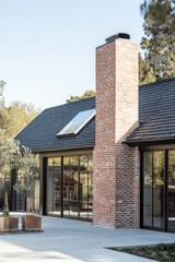 This contemporary brick house features expansive glass windows that invite natural light and boasts a charming outdoor space, all framed by lush trees on a beautiful sunny day