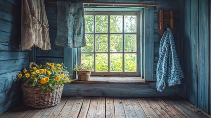 Rustic blue room, window view of summer garden, clothes hanging