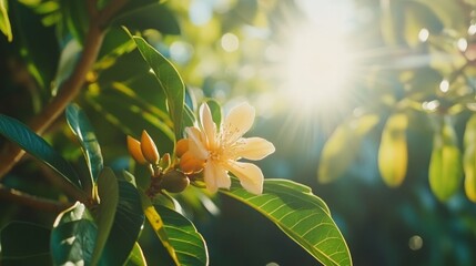 Fototapeta premium Delicate White Flower Blossoming Among Lush Green Leaves in Sunshine