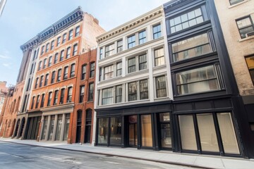 Fototapeta premium Historic architecture lines a quiet urban street in a contemporary city, showcasing various styles from different eras during daylight