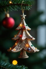 intricate metal Christmas tree ornament hanging from a string, sparkly, ornament, textured