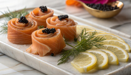 Smoked salmon roses with black caviar and lemon slices