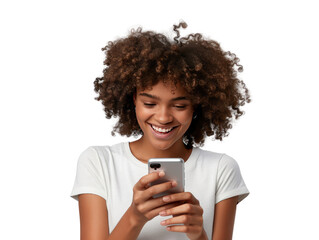 A portrait of a young African American black woman with curly hair looking at her mobile phone and smiling, isolated in a transparent background. Cut out or PNG.