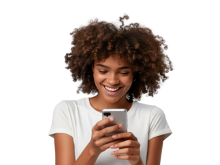 A portrait of a young African American black woman with curly hair looking at her mobile phone and smiling, isolated in a transparent background. Cut out or PNG.