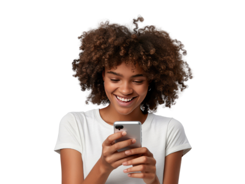 A portrait of a young African American black woman with curly hair looking at her mobile phone and smiling, isolated in a transparent background. Cut out or PNG.