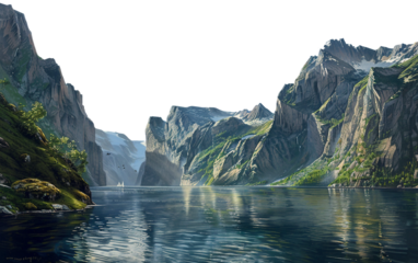 A dramatic fjord with steep cliffs and calm waters surrounded by natural beauty Isolated on transparent background PNG