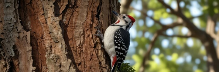 Fototapeta premium Ladderback woodpecker peeking from oak tree crotch with changing colors, Texas oak tree, woodland habitat, ladderback woodpecker