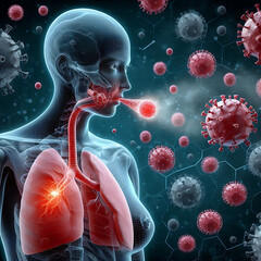 Illustration of background Lung virus. Covid-19 virus cells in human lungs. Infected Coronavirus 2019-nCov lungs medical concept. Vector illustration.
