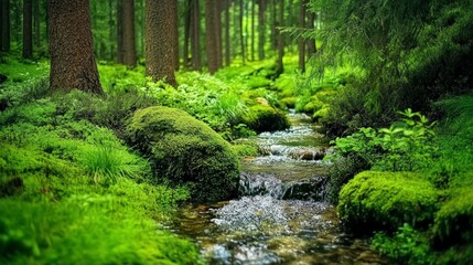 Fototapeta premium Tranquil Forest Stream Surrounded by Lush Greenery and Moss