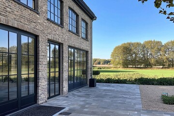 A contemporary brick house features expansive windows that provide stunning views of a tranquil landscape on a beautiful day in the countryside