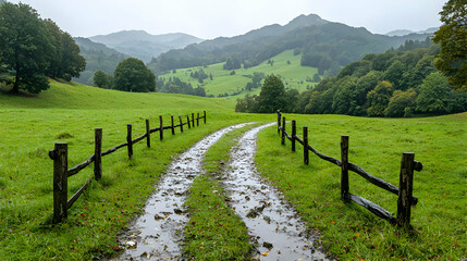 Fototapeta premium Rainy day, rural road, green hills, misty mountains, scenic landscape
