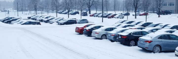 Large snow-covered parking lot with cars partially buried in the snow, car stuck in snow, frozen parking lot, snow covered parking lot