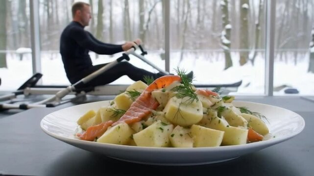 A man is rowing a boat while a plate of food is on a table. The food is a salad with potatoes and salmon