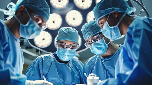A group of surgeons are performing a surgery. Scene is serious and focused. The surgeons are wearing blue scrubs and masks, and they are all looking at the patient. The surgical lights are on