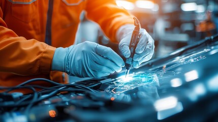 Detailed view of a mechanic using a diagnostic scanner on a car dashboard, cables and screens adding to the technical vibe, modern repair concept