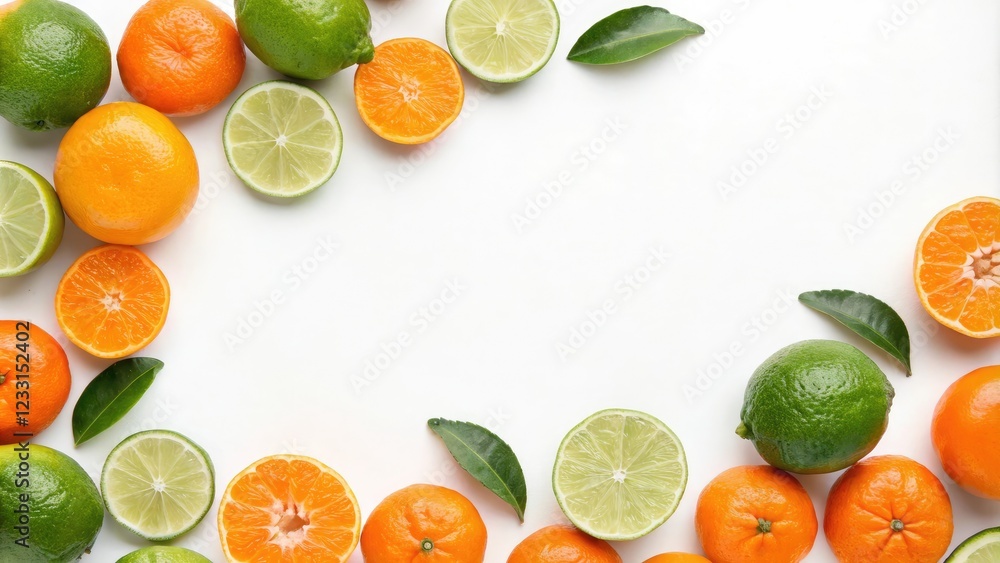 Poster limes and tangerines placed in a collage style arrangement on a white background creating a playful 