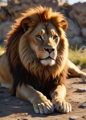 Fototapeta premium Lion's majestic form reclining on the ground with its mane ruffled by the wind, lion relaxation, ear movement, savannah landscape