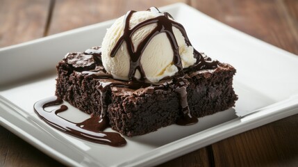 A slice of rich and fudgy brownie topped with a scoop of vanilla ice cream and a drizzle of chocolate sauce, placed on a plain white plate, Slice centered with a slightly angled view