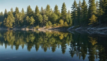 Obraz premium Long-term exposure on lake surface with trees reflected, ripples, water, lake
