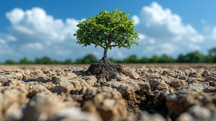 Small tree growing in cracked dry soil field, cloudy sky