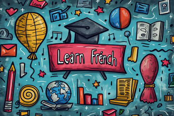 a bright background filled with various symbols, with the inscription "Learn French" surrounded by objects associated with learning and language learning.
