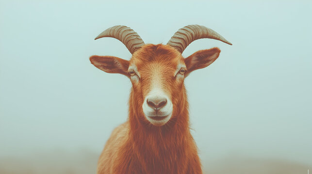 Calm goat portrait, foggy field background, animal farm, nature image