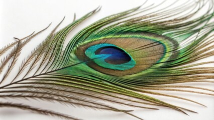 Macro image of a single green peafowl feather revealing its intricate patterns and colors up close, green peafowl, wildlife, closeup, peacock feathers, feathers