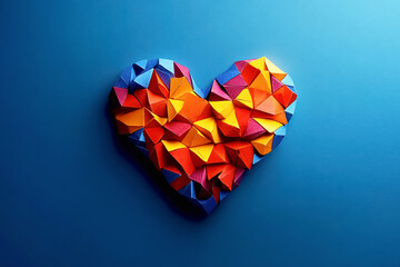 A colorful paper heart with a geometric design is displayed against a deep blue background. Copy space