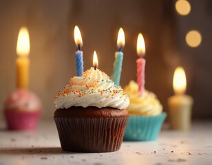 Macro shot of birthday cupcake with burning candle, happy moments, fruit-infused