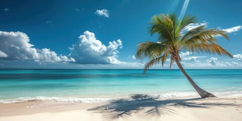 Tropical Paradise: Lone Palm Tree on Pristine Beach
