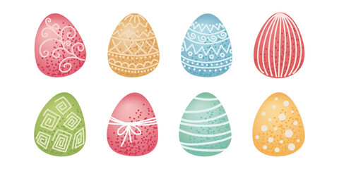 Set of colorful decorated Easter eggs with intricate patterns and textures. Easter celebration design for greeting card, invitation, poster, and print. Flat vector illustration. 