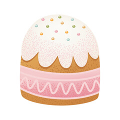 Traditional Easter cake with icing, sprinkles, and decorative pink glaze. Easter celebration design for greeting card, invitation, poster, and print. Flat vector illustration. 