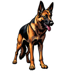 German Shepherd dog pedigreed police, security and border guard dog on also known in Britain as an Alsatian on white background, long-haired dog comic art bulldog illustration graphic 