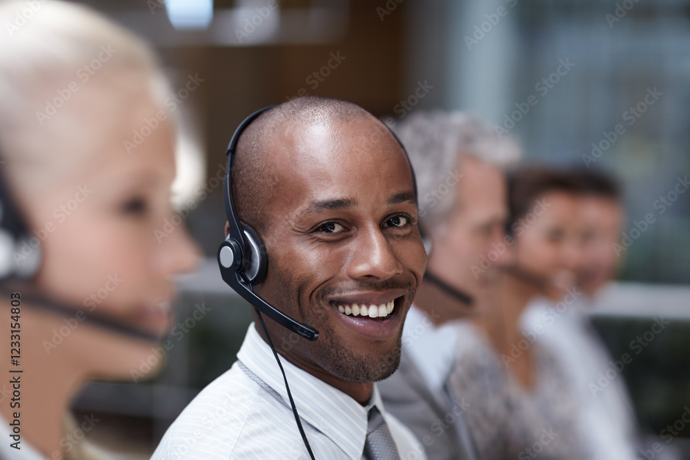 Poster customer service, call center and portrait of happy man with team, contact us or crm. office, face a