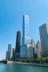 Naklejka premium Modern skyscrapers rise along the waterfront in Chicago's downtown area on a clear sunny day with a blue sky enhancing the urban landscape