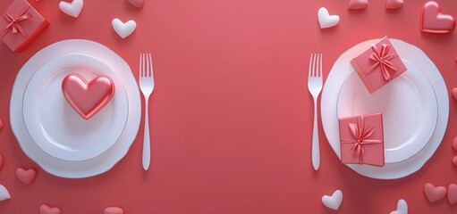 Obraz premium Prepare a red table setting with cutlery for Valentine's dinner