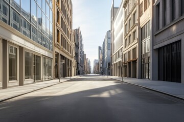 Fototapeta premium A serene urban street scene unfolds, highlighting contemporary architectural designs amidst the tranquil atmosphere of a quiet afternoon in the city